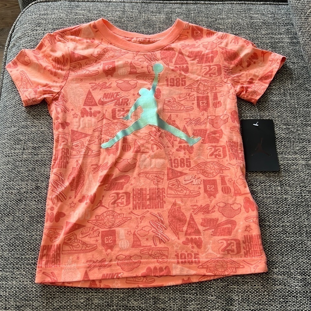 Kids Jordan T-shirt Jumpman Air Elements Tee Orange|Green AOP S 4-6 NWT Unisex